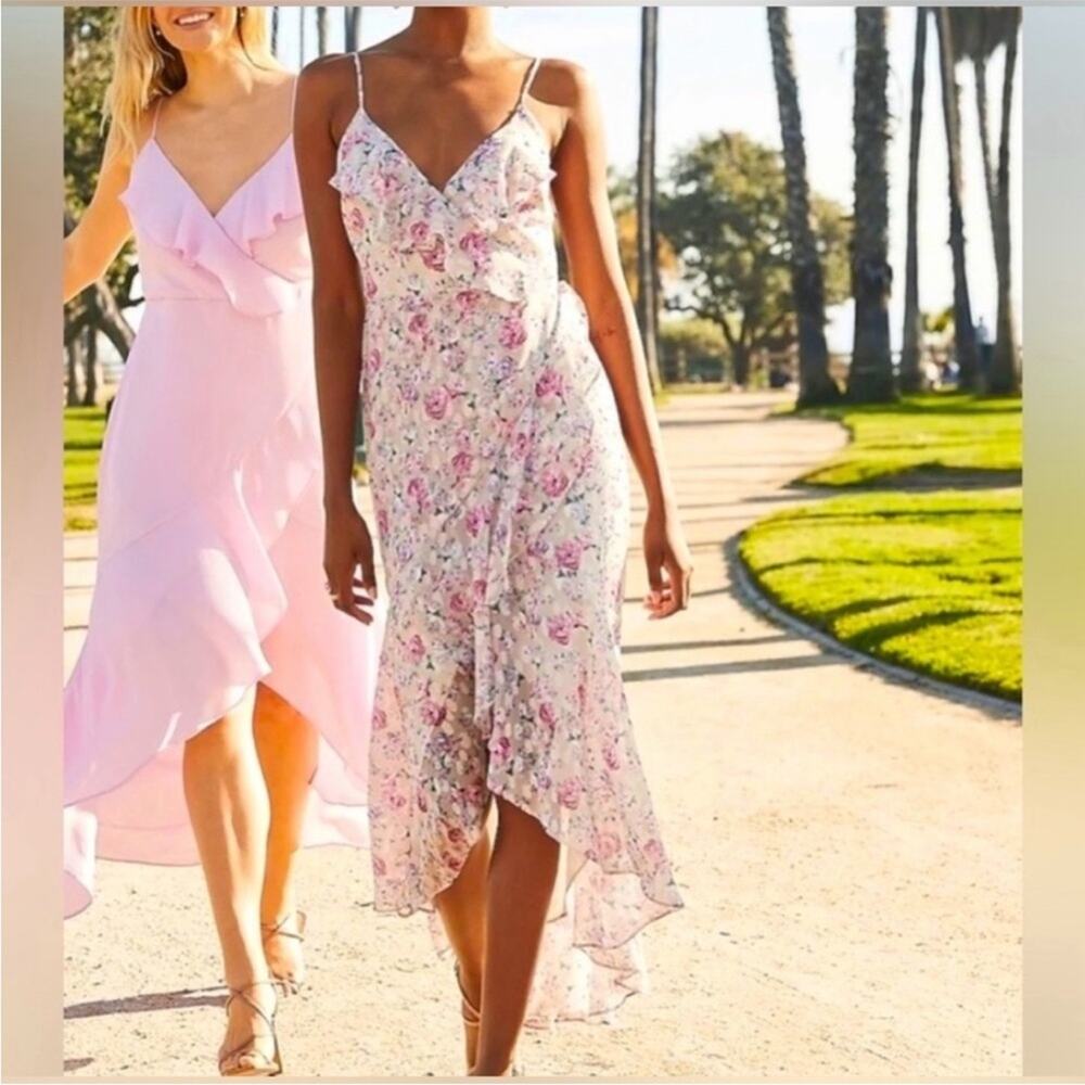 NWT Express Floral Print Ruffle Faux Wrap Hi-Lo Maxi Dress Size Large Coquette - Picture 3 of 12
